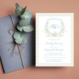 Blue Baby Carriage Monogram Baby Shower Inbjudningar