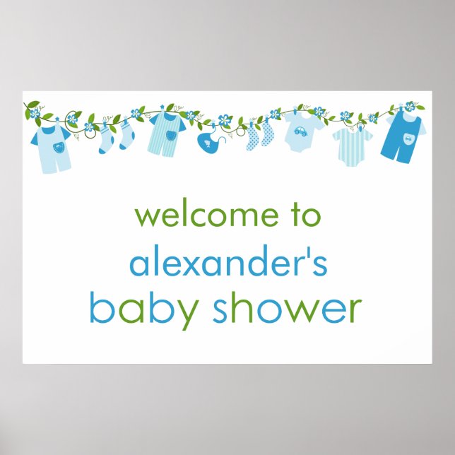 Blue Baby Clothesline Baby Shower Poster (Framsidan)