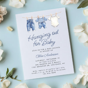Blue Baby Clothesline Cute Rustic Boy Shower Inbjudningar