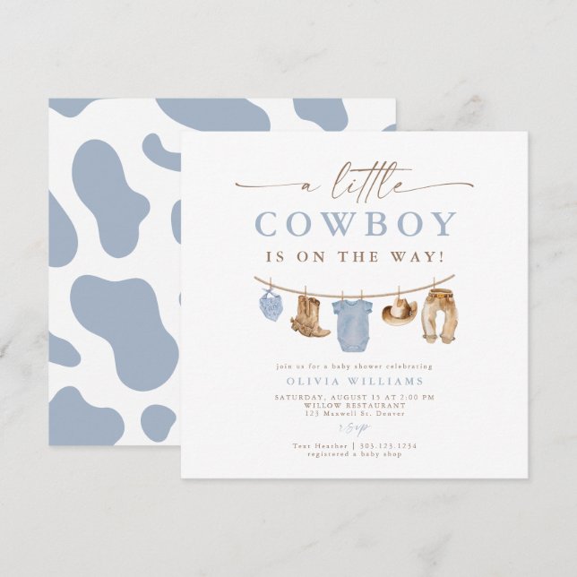 Blue Baby Clothesline Little Cowboy Baby Shower (Fram/baksida)