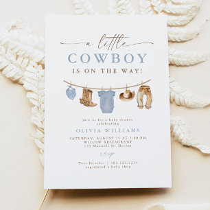 Blue Baby Clothesline Little Cowboy Baby Shower Inbjudningar