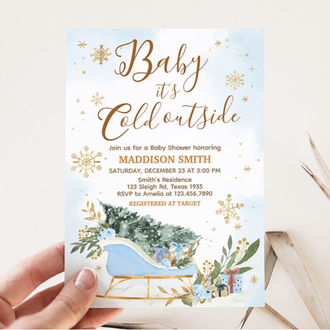 Blue Baby Det är Kall utanför babyskabinka Inbjudningar (Gold Snowflake Baby Shower Invitation)