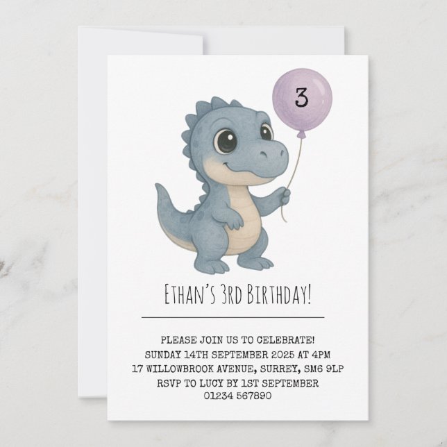 Blue Baby Dino med Lila Blegon Birthday Inbjudningar (Framsida)