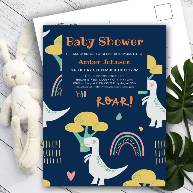 Blue Baby Dinosaur Rainbow Cute Baby Shower Inbjudan Vykort (Skapare uppladdad)