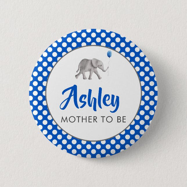 Blue Baby Elephant Baby Shower Namn bricka Pin Knapp (Framsida)