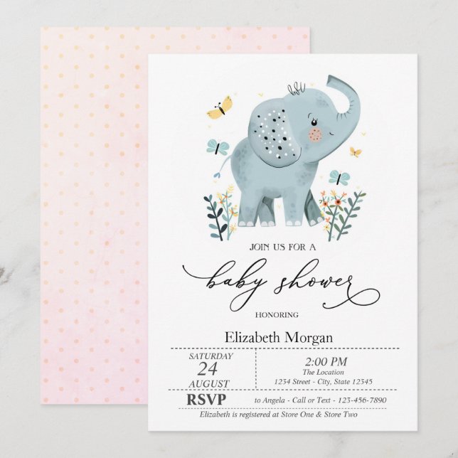 Blue Baby Elephant Butterfly Dots Baby Shower Inbjudningar (Fram/baksida)
