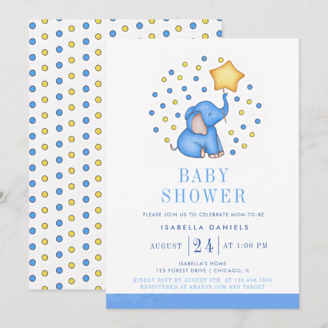 Blue Baby Elephant och Star Balloon Baby Shower Inbjudningar (Fram/baksida)