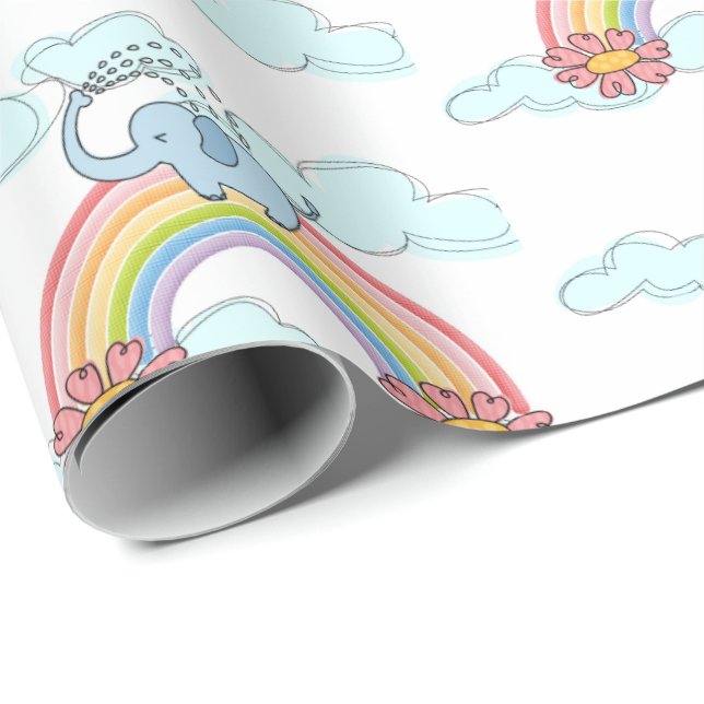 Blue Baby Elephant Rainbow Clouds Wrapping Papper Presentpapper (Rullad Hörn)
