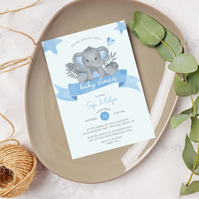 Blue Baby Elephant Watercolor Baby Shower Inbjudningar (Skapare uppladdad)