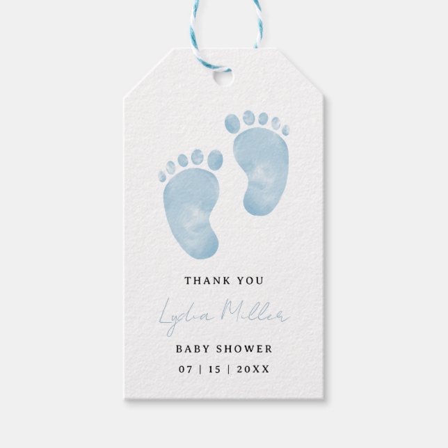 Blue Baby Feet Baby Shower märkre, Boy Shower Presentetikett (Framsidan)