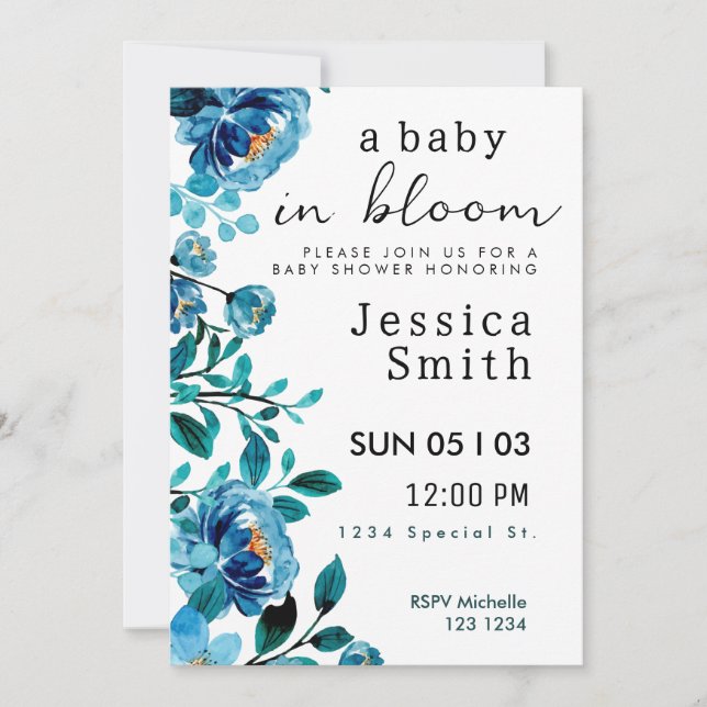 Blue Baby i Bloom Baby Shower Inbjudan (Framsida)