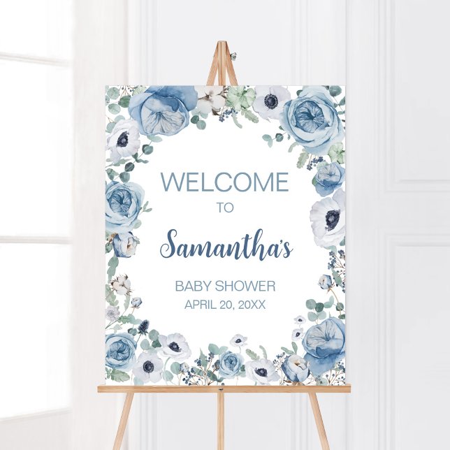 Blue Baby i Bloom Baby Shower Välkommen Poster (Dusty Blue Wildflower Baby Shower Welcome Sign)