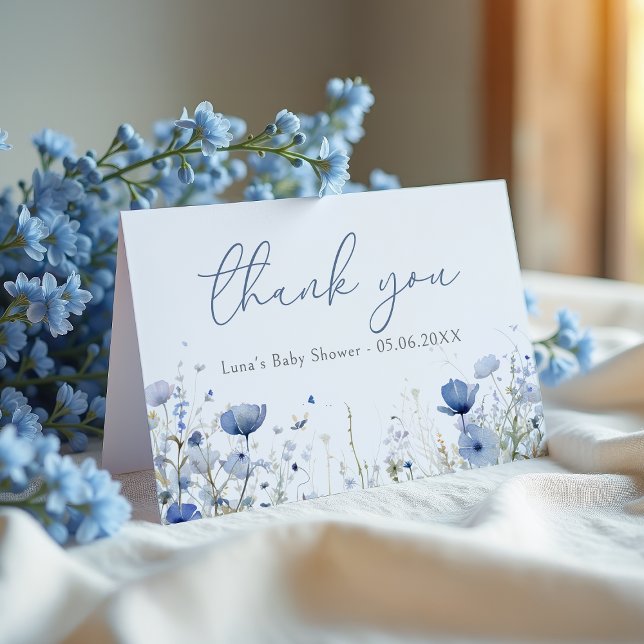 Blue Baby in Bloom Blommigt Wildblomma Baby Shower Tack Kort (Skapare uppladdad)