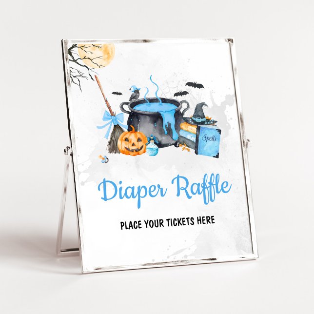Blue Baby is Brewing Häx Babyvagn Lotteri Skylt (Boy Halloween Witch Baby Shower Diaper Raffle Sign)