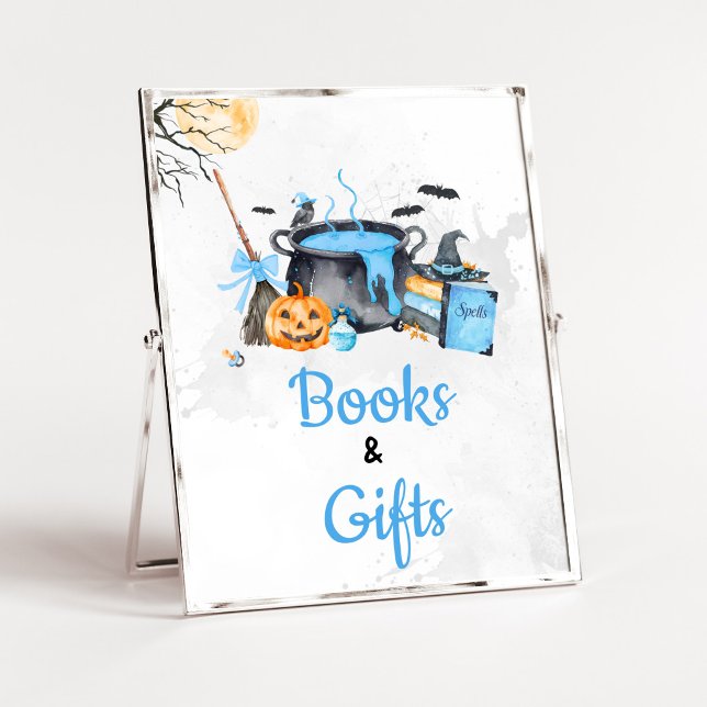 Blue Baby is Brewing Häx Böcker och Gåvor Skylt (Boy Halloween Witch Baby Shower Books and Gifts Sign)
