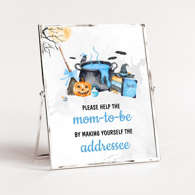 Blue Baby is Brewing Häxa Kuvert Station skylt (Boy Halloween Witch Baby Shower Envelope Station Sign)