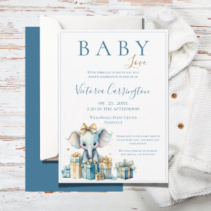 Blue Baby Kärlek Elephant Watercolor Baby Shower Inbjudningar