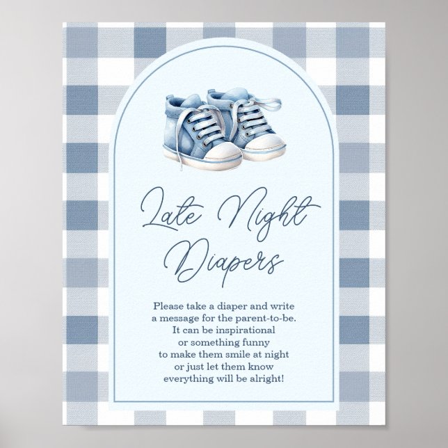 Blue Baby Shoes Gingham Booties Late Night Diapers Poster (Framsidan)