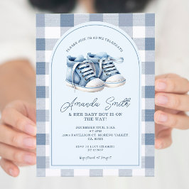 Blue Baby Shoes Gingham Boy Bootys Baby Shower Inbjudningar