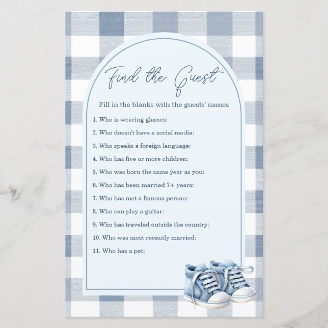 Blue Baby Shoes Gingham Find The Guest Game (Framsida)