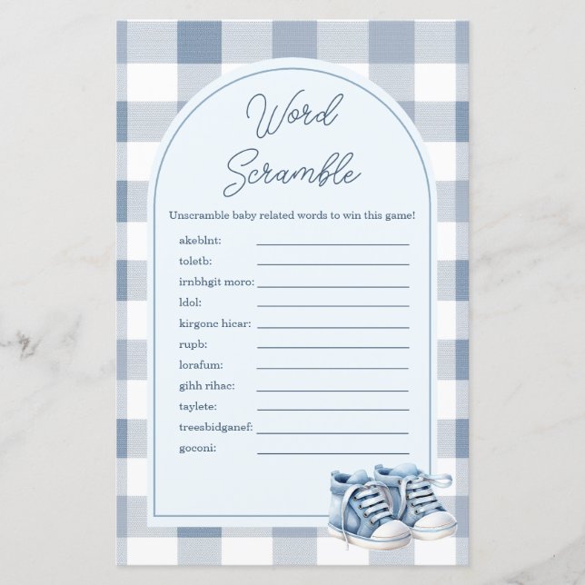 Blue Baby Shoes Gingham Word Scramble Game (Framsida)