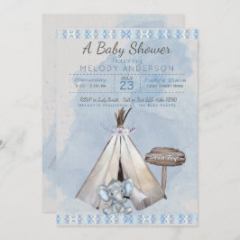 Blue Baby Shower Boho Baby Elephant & Tipi Inbjudningar