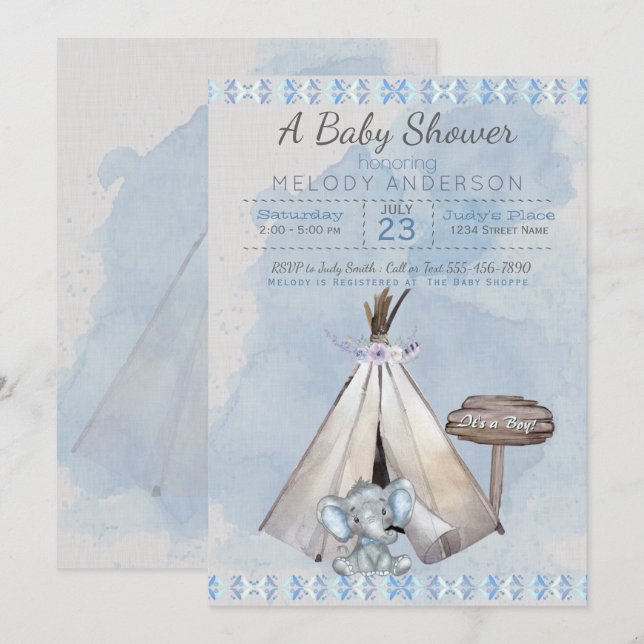 Blue Baby Shower Boho Baby Elephant & Tipi Inbjudningar (Fram/baksida)