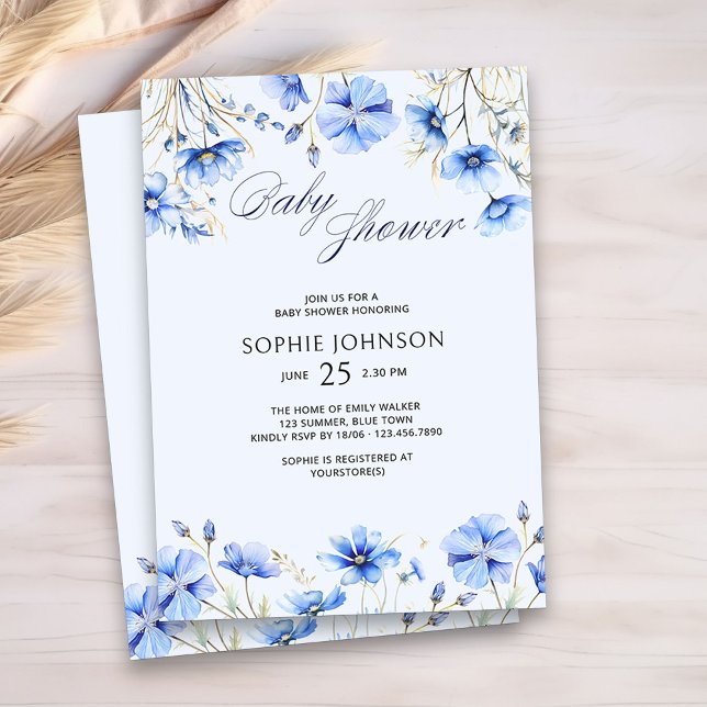 Blue Baby Shower, Elegant, sommartid, Blommigt Inbjudningar (Blue Floral Baby Shower Invitation)