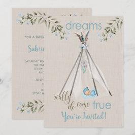 Blue Baby Shower for Boys Boho DreamCatcher Tipi Inbjudningar