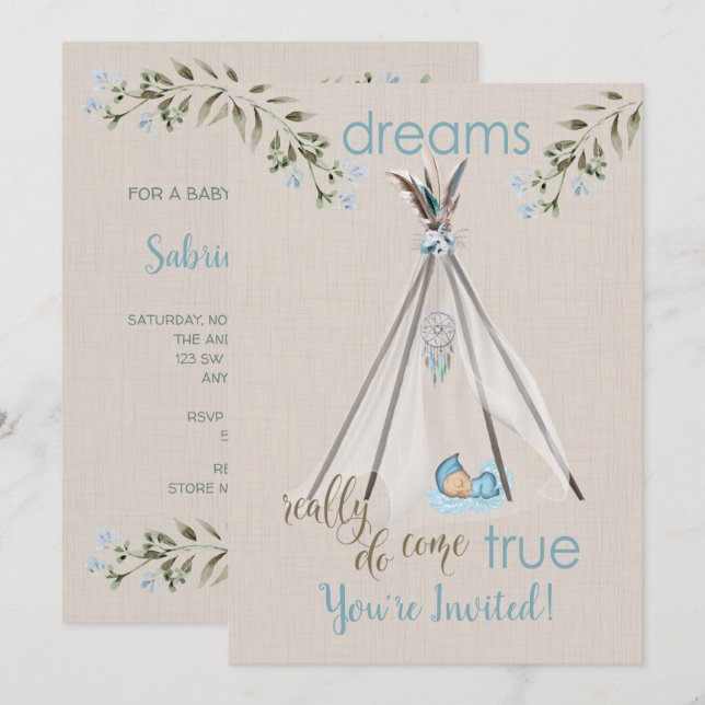 Blue Baby Shower for Boys Boho DreamCatcher Tipi Inbjudningar (Fram/baksida)