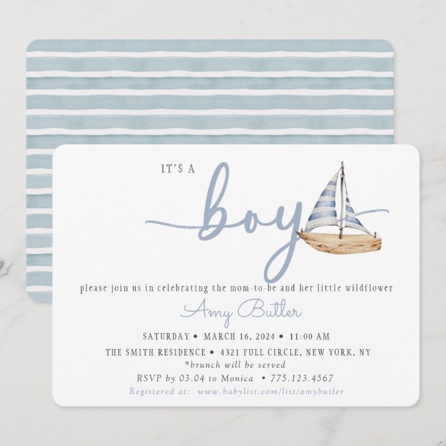 Blue Baby Shower Invitation with Sailboat & Stripe Inbjudningar (Fram/baksida)