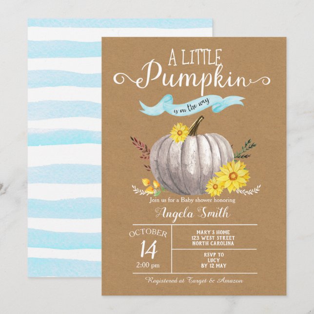 Blue Baby Shower Little Pumpkin Fall Inbjudan Kraf (Fram/baksida)