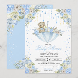 Blue Baby Sprinkle Umbrella Nalle Baby Shower Inbjudningar