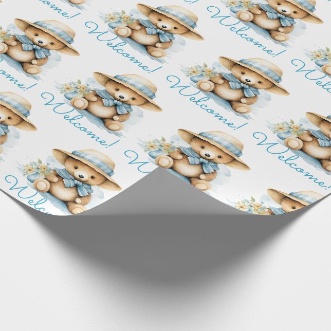 Blue Baby Välkommen Nalle Gift Wrapping Papper Presentpapper (Hörn)