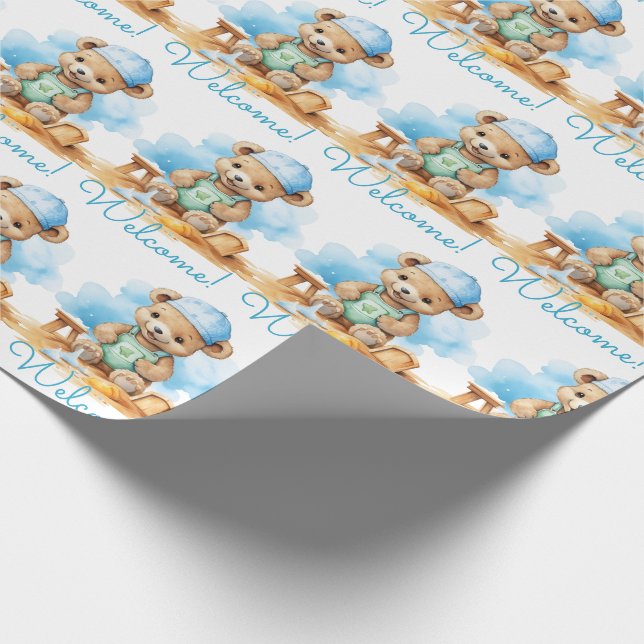 Blue Baby Välkommen Nalle Gift Wrapping Papper Presentpapper (Hörn)