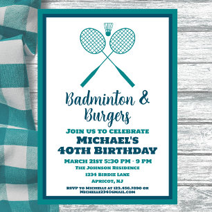 Blue Badminton Party Sports BBQ Birthday Inbjudningar