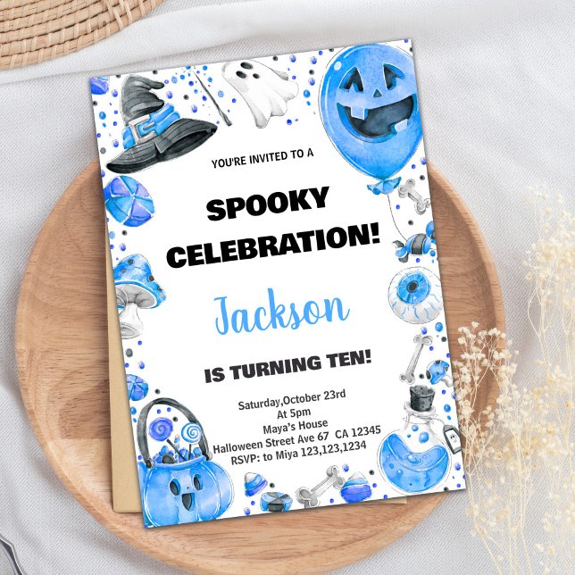 Blue Ballon Halloween Birthday-inbjudningar Inbjudningar (Blue Ballon Halloween Birthday Invitations)