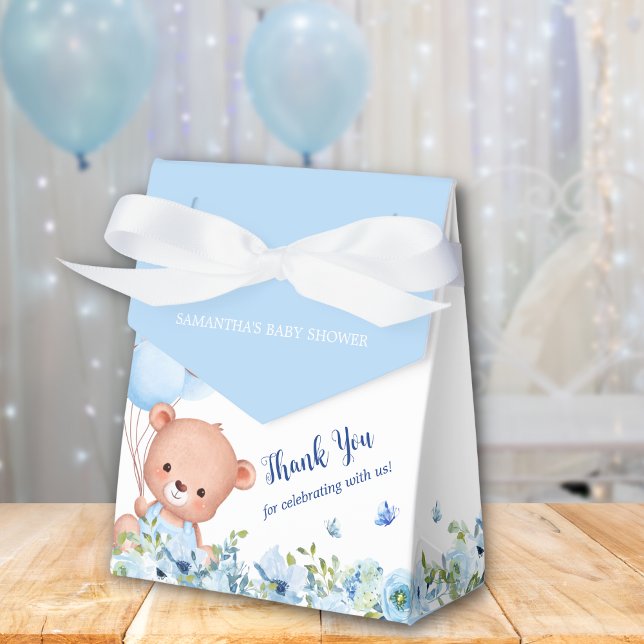 Blue Ballons Boys Baby Shower för Cute Nalle Blue  Presentaskar (Cute teddy bear with blue balloons, flowers and butterflies favor box for baby boy baby shower)