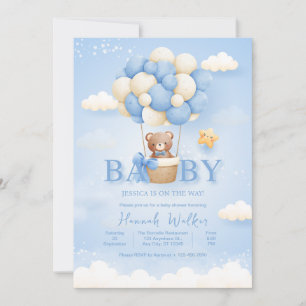 Blue Balloon Bear Baby Shower Inbjudningar
