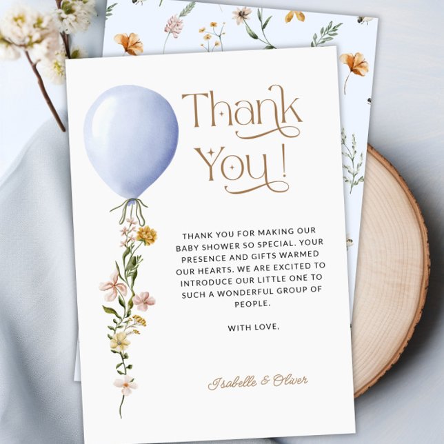Blue Balloon Blommigt Baby Shower - tack för ditt  Inbjudningar (Blue Balloon Floral Baby Shower Thank You Card)