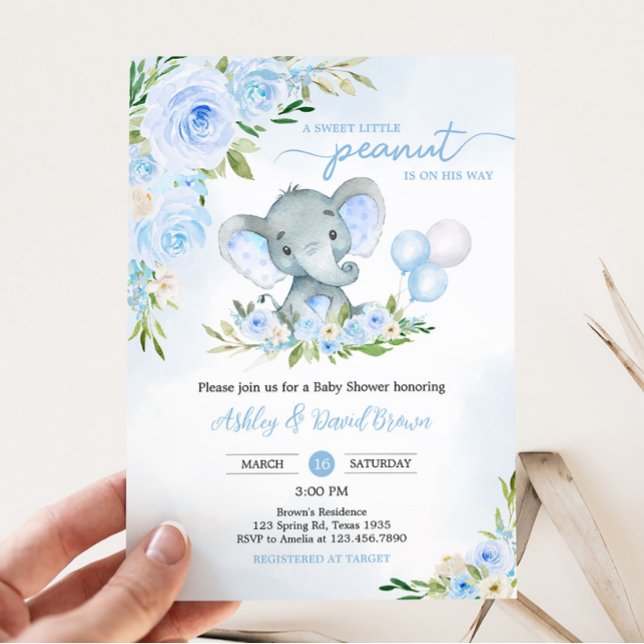 Blue Balloon Blommigt Elephant Baby Shower Inbjudningar (Boy Elephant Balloon Baby Shower Invitation)