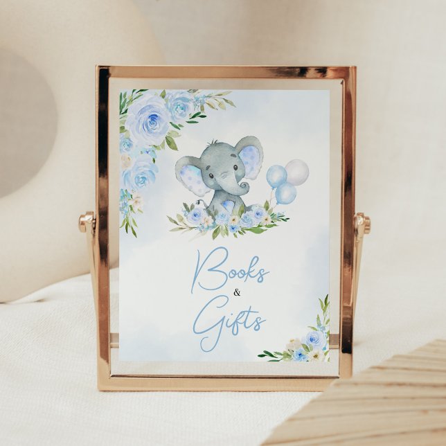Blue Balloon Blommigt Elephant Bokar och Gifts Poster (Boy Elephant Balloon Baby Shower Books and Gifts Sign)