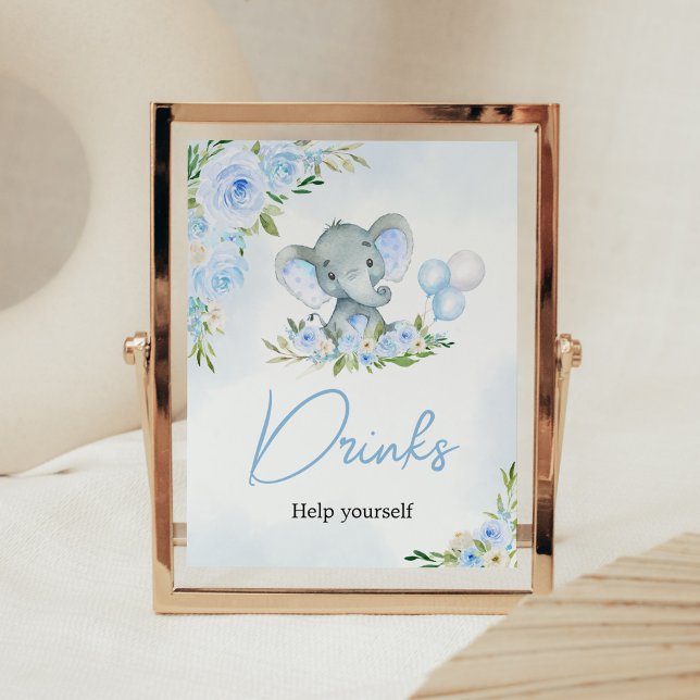 Blue Balloon Blommigt Elephant Drinks Poster (Boy Elephant Balloon Baby Shower Drinks Sign)