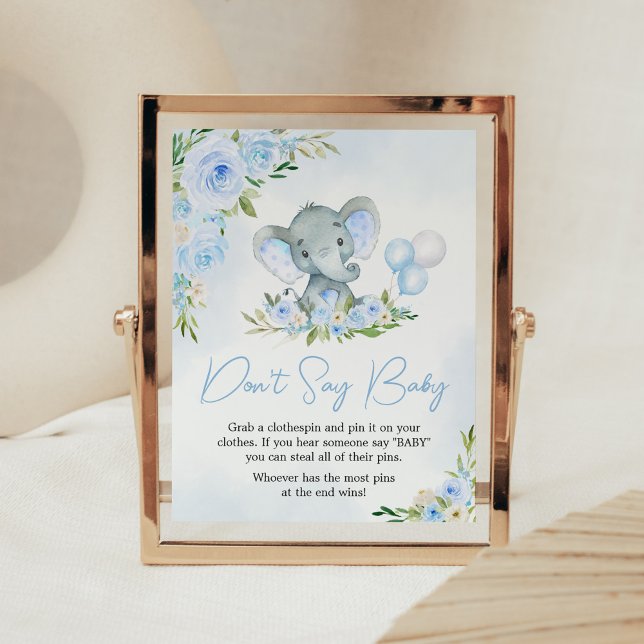 Blue Balloon Blommigt Elephant Säg inte Baby Poster (Boy Elephant Balloon Baby Shower Don't Say Baby Sign)