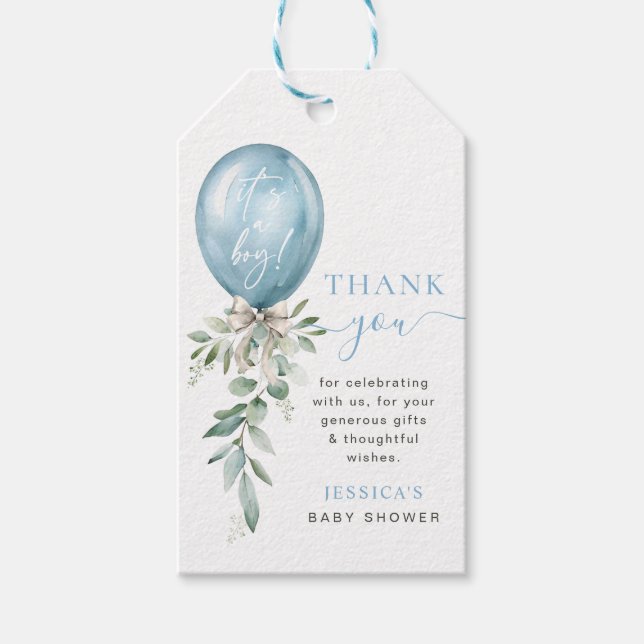 Blue Balloon Bow Greenery Baby Shower Thank You Presentetikett (Framsidan)