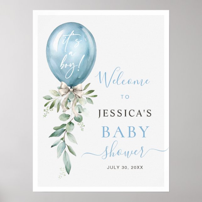 Blue Balloon Bow Greenery Baby Shower Welcome Poster (Framsidan)