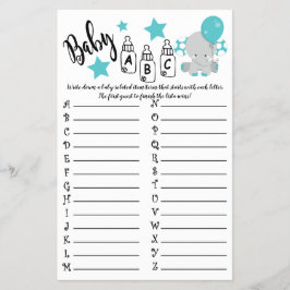 BLUE BALLOON ELEPHANT ABC BABY SHOWER GAME CARD FLYGBLAD
