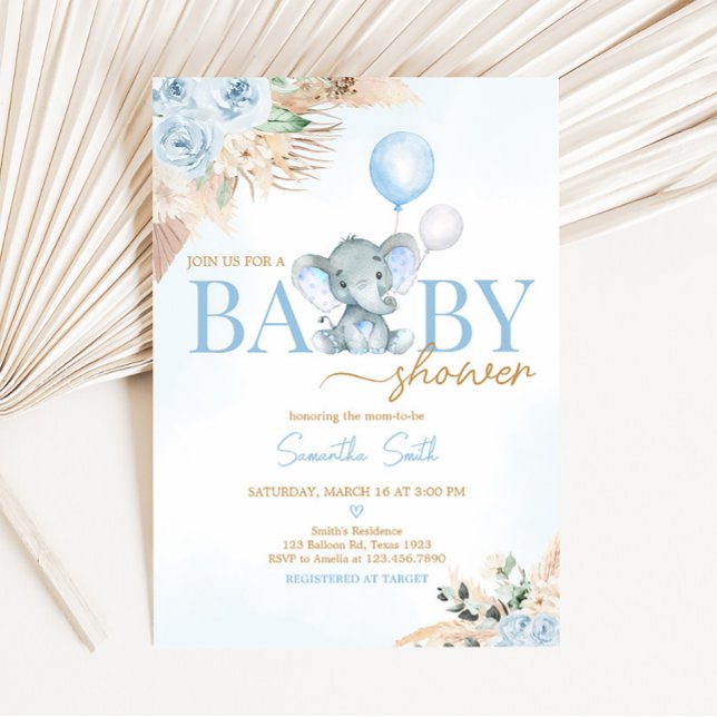 Blue Balloon Elephant Baby Shower Inbjudningar (Blue Floral Pampas Grass Elephant Baby Shower Invitation)