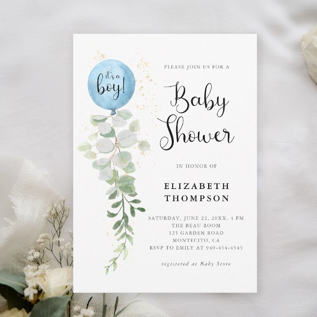 Blue Balloon Eucalyptus Det är en pojkvän. Inbjudningar (boy baby shower invitation blue balloon eucalyptus greenery watercolor modern calligraphy botanical)