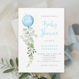 Blue Balloon Eucalyptus Elegant Boy Shower Inbjudningar